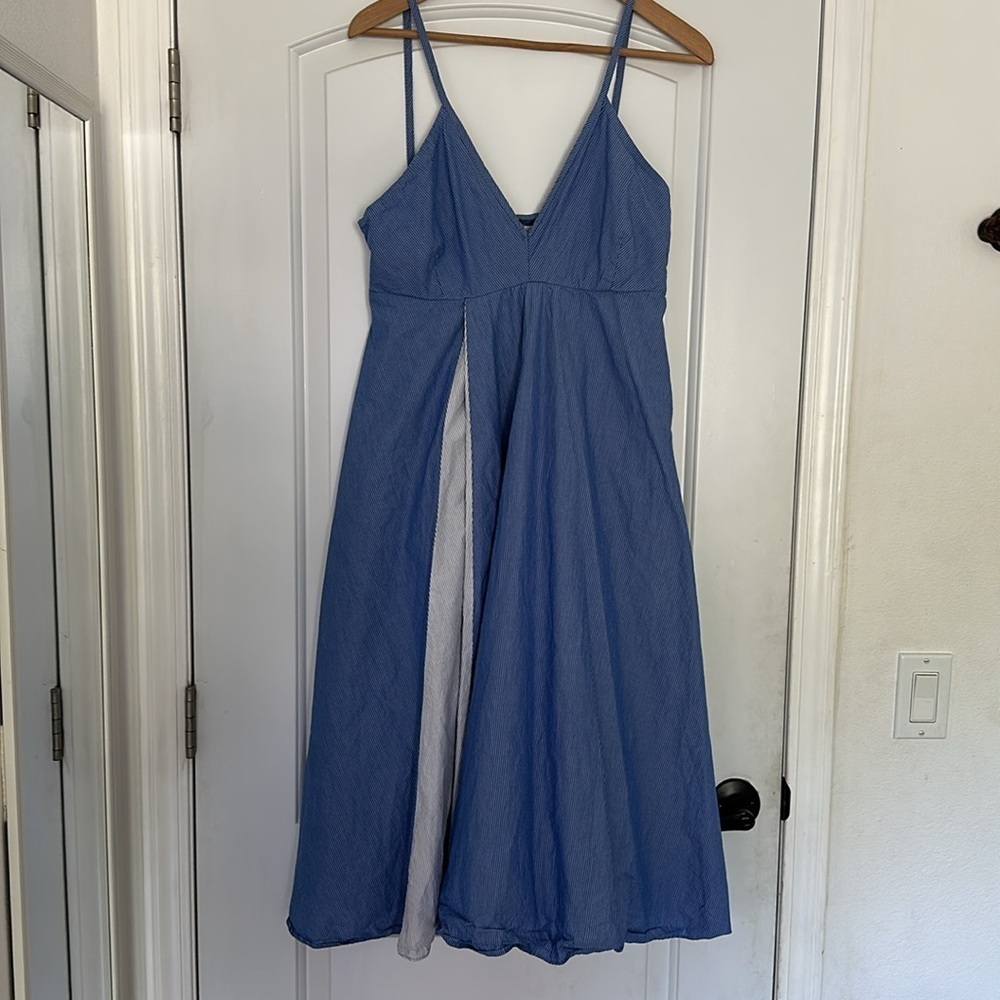 Zara Poplin Pinstripe Blue Midi Dress Pockets Sz M - Picture 7 of 14